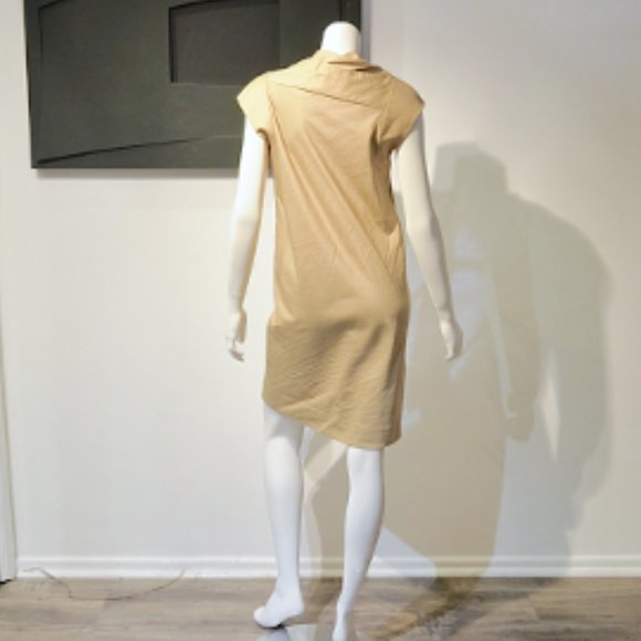 Vintage Tan Twill Asymmetric Pleat Sheath Dress - Picture 6 of 7